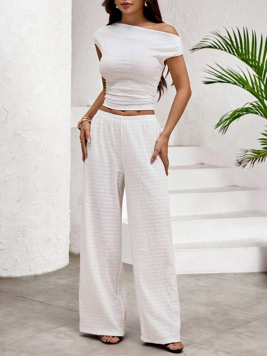 SHEIN PETITE 2pcs Women Set: Oblique Shoulder T-Shirt & Casual Pants - White - View 1