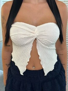 Lucia Bellido 1 件女式杏色纹理针织扭纹前部不对称下摆吊带背心，度假风格 - 杏色 - 查看 3