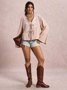 Freevana 大码度假休闲刺绣领带喇叭袖衬衫 - 杏色 - 查看 6