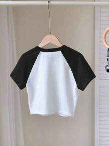 Comfortcana 休闲粉色樱桃图案撞色圆领修身短款插肩袖短袖T恤，适合夏季 - 黑與白 - 查看 2