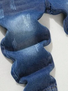 男童百搭修身锥形水洗刺绣牛仔裤，休闲日常百搭牛仔裤，秋冬 - 深色水洗藍 - 查看 7