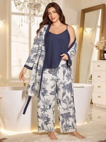 SHEIN MuseNap CURVE Plus Size Solid Color Cami Top & Tropical Print Pants & Robe Pajama Set, Fall Winter Clothes - Blue and White - View 4