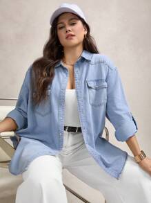 Zelara Plus Flap Pocket Roll Tab Sleeve Denim Shirt, Fall Women Clothes
