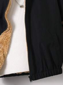 1 st. Unga pojkar, avslappnad collegestil, enfärgat svart tryckmönster, moderiktig, mångsidig, dragkedja med huva, vadderad ytterkappa, lämplig för höst/vinter - Svart - Visa 3