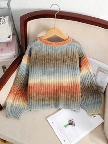 SHEIN 女童彩色撞色花卉 3D 装饰宽松圆领渐变色套头毛衣 女童毛衣 女童花朵毛衣 可爱青少年毛衣 女童花朵毛衣 秋冬款 - 彩色 - 查看 2