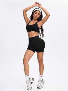 Easithlete Sutiã Esportivo Ativewear de Moda com Impressão de Letras e Costas Abertas, Verão - Preto - Visão 3