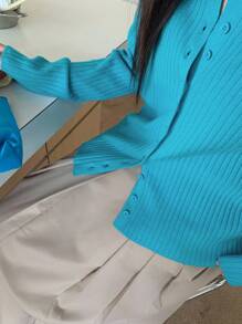 Dazy Plus 2pcs/Set Plus Size Women Solid Color Fitted Short Knitted Cardigan & Camisole Sweater Set, Spring/Autumn - Blue - View 6