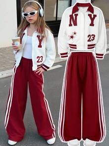 SHEIN Streecool Kids HYPEME Tween Girl 女童休闲条纹阔腿裤和字母图案纽扣领棒球夹克 2 件套，时尚舒适，适合秋冬