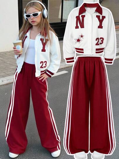 SHEIN Explorewe HYPEME Tween Girl 女童休闲条纹阔腿裤和字母图案纽扣领棒球夹克 2 件套，时尚舒适，适合秋冬