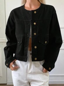 Livesso Women's Round Neck Long Sleeve Denim Jacket, Autumn - Black - View 1