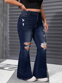 SHEIN ICON Quần jeans ống loe rách co giãn màu xanh đậm mùa hè cỡ lớn cho nữ - Rửa tối - Xem 6
