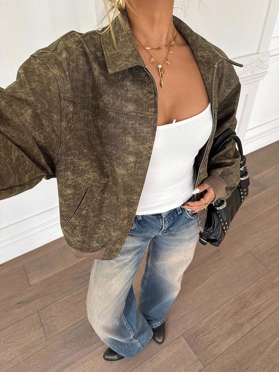 SHEIN Teen Girl Vintage Distressed Snowflake PU Leather Jacket, Turndown Collar Women Outerwear, Autumn - Brown - View 1