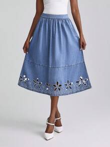 Selenza Chân váy denim chữ A thêu hoa rỗng thoải mái cho nữ - Rửa trung bình - Xem 5