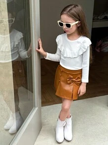 SHEIN Ensemble T-shirt automne/hiver pour jeunes filles avec Top à manches longues côtelé à col rond blanc décoré d'un nœud et short décoré d'un nœud marron - Blanc - Voir 6