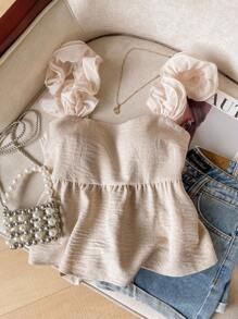 SHEIN Frenchy 度假休闲纯色荷叶边吊带背心 - 杏色 - 查看 2