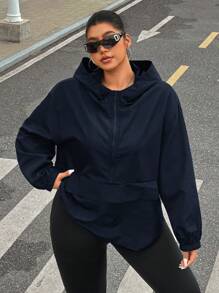 SHEIN EZwear 海军蓝加大码女式落肩长袖拉链连帽夹克 - 藏蓝色 - 查看 1