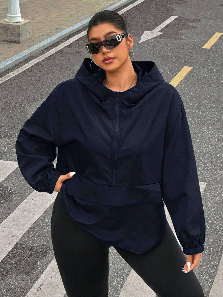 SHEIN EZwear 海军蓝加大码女式落肩长袖拉链连帽夹克 - 藏蓝色 - 查看 1