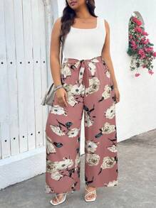 SHEIN LUNE Plus Size Floral Colorblock Tie Waist Jumpsuit Spring Break Boho Rave Outfits Festival Spring Break Outfits Old Money Style Women Rave Outfits Summer Spring Outfits For Beach - Pink - View 1