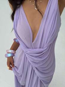 Aloruh 女士新款夏季雪纺连衣裙，纯色浅紫色透视设计，扭结领口，优雅长裙女士派对连衣裙薰衣草连衣裙丁香连衣裙紫色连衣裙女神连衣裙女士夏季连衣裙女士连衣裙女士夏季服装女士连衣裙女士夏季防晒连衣裙 - 淡紫色 - 查看 8