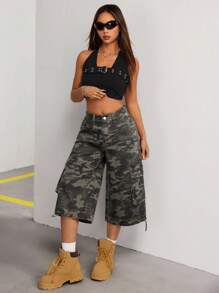 SHEIN Tall 女士宽松裤型街头风迷彩工装口袋七分牛仔裤