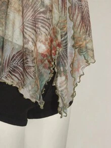 SHEIN ICON 女式西部复古波西米亚风热带植物印花褶饰不对称下摆时尚粗肩带吊带背心