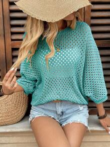 EMERY ROSE Casual Loose Round Neck Batwing Sleeves Hollow Knitted Apricot Sweater For Women, Spring And Autumn - Mint Blue - View 3