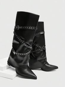 Daringsoles Botas occidentales de tacón grueso con punta puntiaguda y flecos para mujer, botas altas de ajuste ceñido - Negro - Ver 9