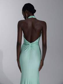 Elitara Elegant, Romantic, Sexy, Minimalist Light Blue Elastic Halter Backless Bodycon Dress With Drawstring, Fashionable, Internet Celebrity, Holiday, Resort, Birthday Party, Wedding, Bridesmaid Dress - Baby Blue - View 3