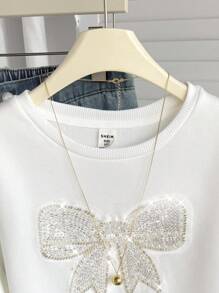 SHEIN Tween Girl Loose Casual Minimalist Comfortable Round Neck Long Sleeve Bow Decor Sweatshirt,In Fall/Winter - White - View 6