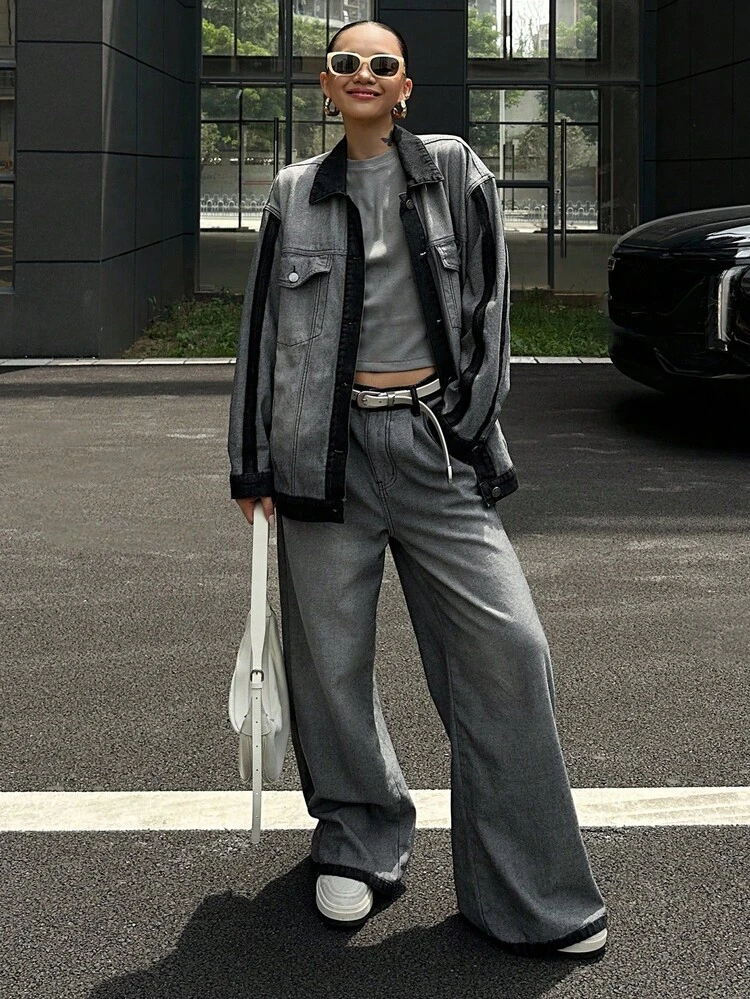 Women's Contrast Color Top And Loose Fit Jeans Casual Suit