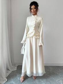 Elenzga Bộ trang phục sang trọng thanh lịch 2 món dành cho nữ: Áo cánh tay dài cài nút ngọc trai + Chân váy maxi chữ A lưới xuyên thấu, thích hợp cho Halloween, Giáng sinh, Quốc khánh, Tiệc năm mới, Lễ tốt nghiệp, Đám cưới, Nhập vai, Đi làm, Trang phục công sở thường ngày - Màu be - Xem 5