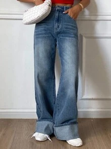 Livesso Jeans de mezclilla azul desgastados y lavados con puños para mujer