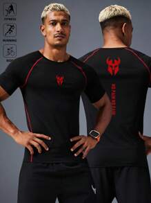 Acti Log Men's Contrast Color Print Round Neck Short Sleeve Sports T-Shirt Compression Shirt Men - Black - View 1
