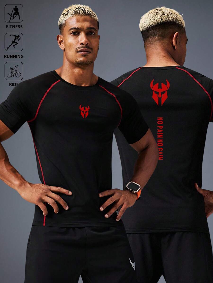 Acti Log Men's Contrast Color Print Round Neck Short Sleeve Sports T-Shirt Compression Shirt Men - Black - View 1