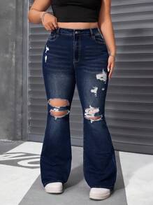 SHEIN ICON Quần jeans ống loe rách co giãn màu xanh đậm mùa hè cỡ lớn cho nữ - Rửa tối - Xem 3