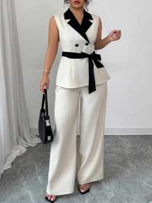 Elenzga Blazer delgado de mujer de doble botonadura con cuello de corbata, cintura ceñida, color contrastante y mezcla de lino, estilo versátil y elegante para uso diario, talla grande