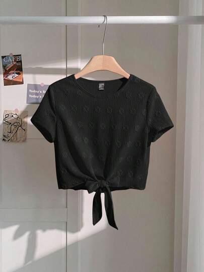 SHEIN LUNE Summer Casual Solid Color Jacquard Tie Neck T-Shirt Tie Up Top Crop Tshirt Women Crop Top Short Sleeve Crop Top Tie Front Crop Top Tie Up Crop Top,Casual