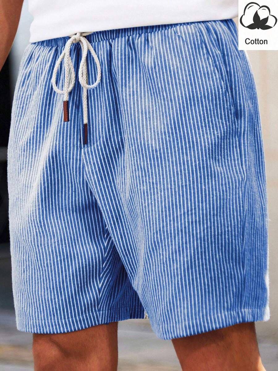 Manfinity VCAY Men's Woven Striped Short Waist Slim Fit Casual Straight Leg Shorts, Suitable For Daily Wear In Summer