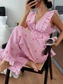 SHEIN 2pcs Summer Ruffled Trim Striped Bow Print Pajama Set - Pink - View 3