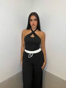 Lucia Bellido Débardeur ajusté d'été pour femme avec col cache-cœur de couleur unie