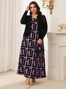 Modelyn Plus Size Spring & Fall Casual Solid Color Long Sleeve Top With Allover Print Dress Set 2 Pieces Set - Purple - View 5