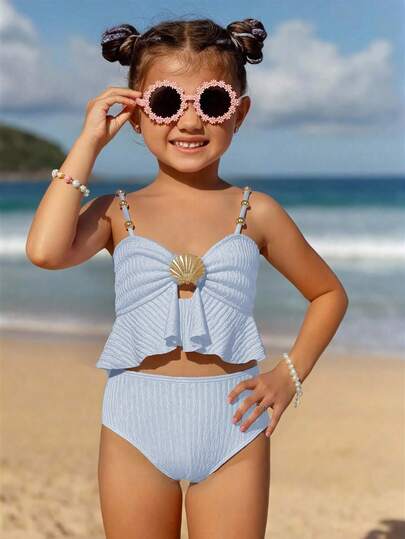 2pcs/Set Cute Solid Color Girls Young Girl Swimsuit For Beach/Holiday