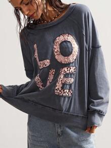 Bohemela 女士休闲纯色针织圆领短袖宽松运动衫爱心运动衫个性运动衫秋冬 - 灰色 - 查看 4