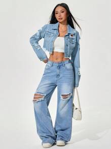 SHEIN PETITE Casual Washed Distressed Frayed Hem Cropped Denim Jacket - Light Wash - View 6