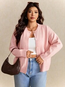 Elaquor Áo len cardigan dáng rộng màu hồng thanh lịch tối giản kiểu Pháp cỡ lớn dành cho nữ vào mùa thu/đông - Hồng - Xem 6