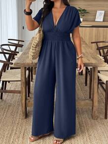 EMERY ROSE Plus Size Solid Color V-Neck Short Sleeve Jumpsuit - Navy Blue - View 3