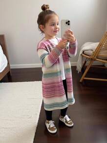 SHEIN Young Girl 1pc Colorful Striped Knitted Open Front Coat , Autumn And Winter,Daily Wear,Preppy,Vintage Fall - Multicolor - View 6