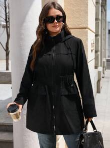 EMERY ROSE Plus Size Solid Color Cinched Waist Zipper Front Long Sleeve Utility Jacket Women Coats Fall Women Clothes ,Fall Clothes For Women Autumn,Spring - Black - View 6