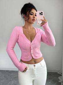 Elenzga 女式扭纹图案长袖单排扣短款针织开衫 - 粉色 - 查看 1