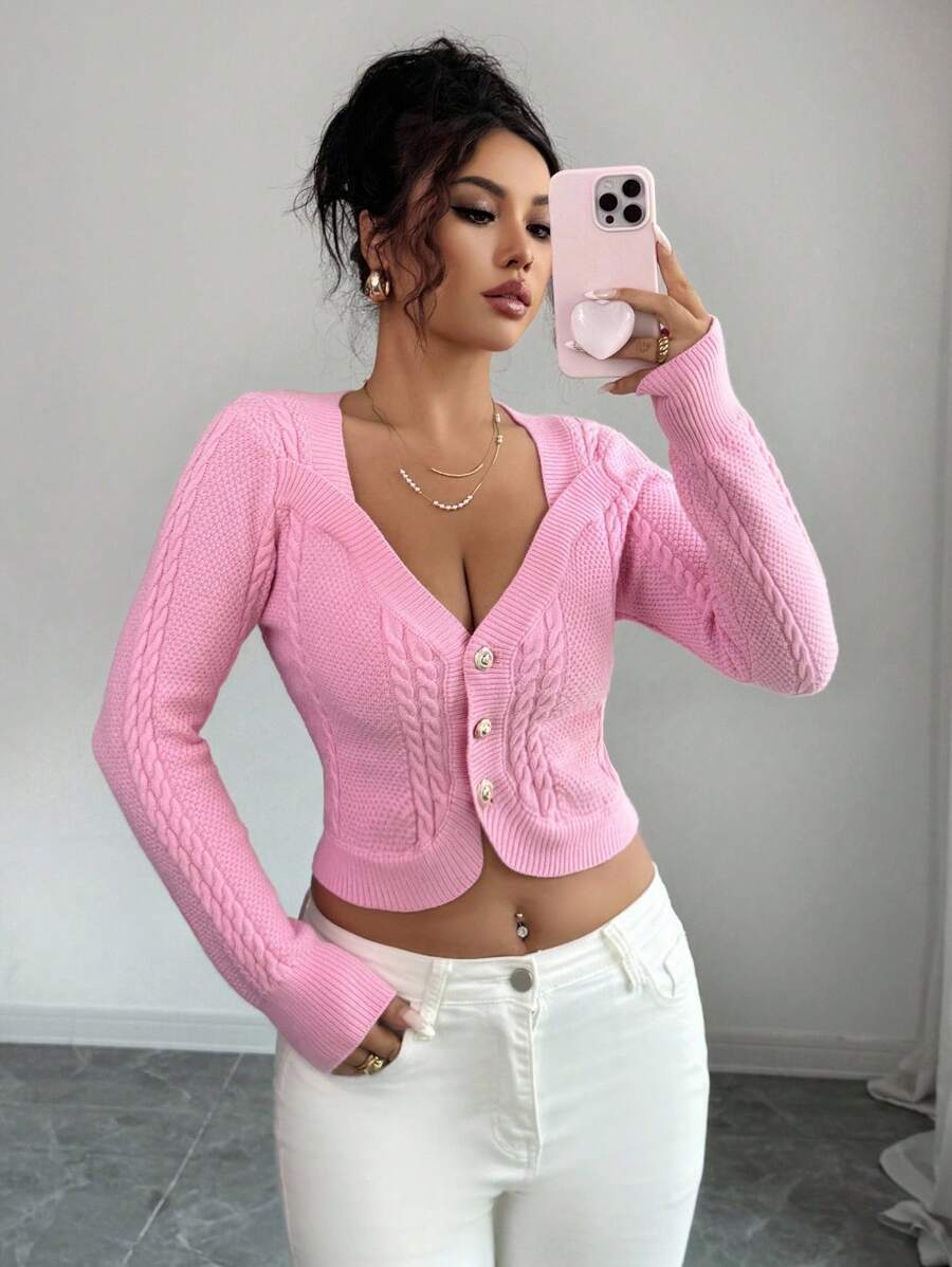 Elenzga 女式扭纹图案长袖单排扣短款针织开衫 - 粉色 - 查看 1